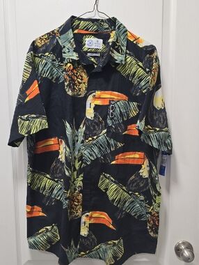 Hurley Black Hawaiian Toucan Print Button-Up Shirt with Orange Accents
